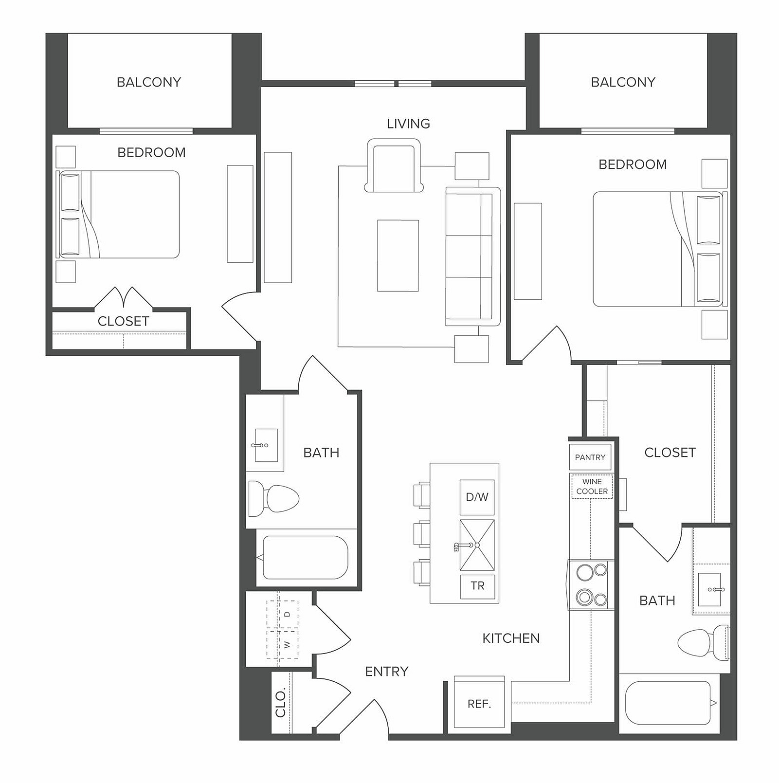 Elegant floor plan displaying two bedrooms, two bathrooms, and an open living area with dual balconies, featuring a modern kitchen with an island and wine cooler.