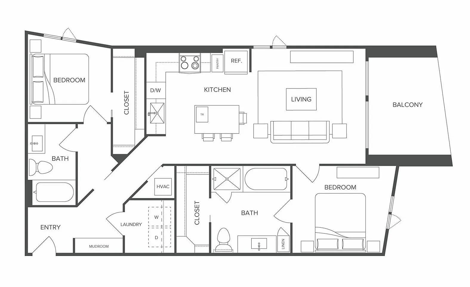 Modern floor plan featuring 2 elegant bedrooms, sleek kitchen, cozy living area, and private balcony.