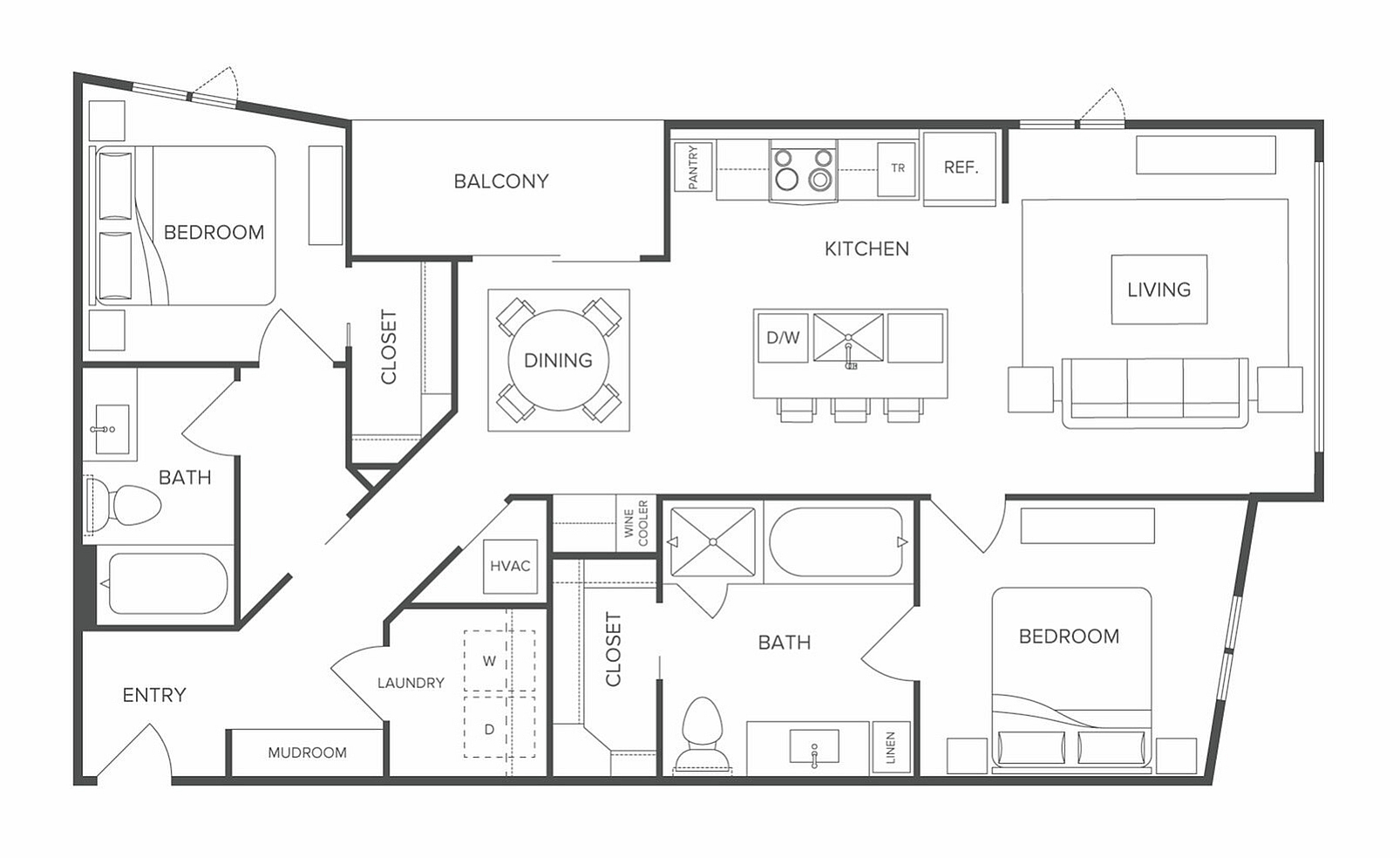 Elegant floor plan featuring 2 bedrooms, 2 bathrooms, a modern kitchen, spacious living area, and a private balcony.