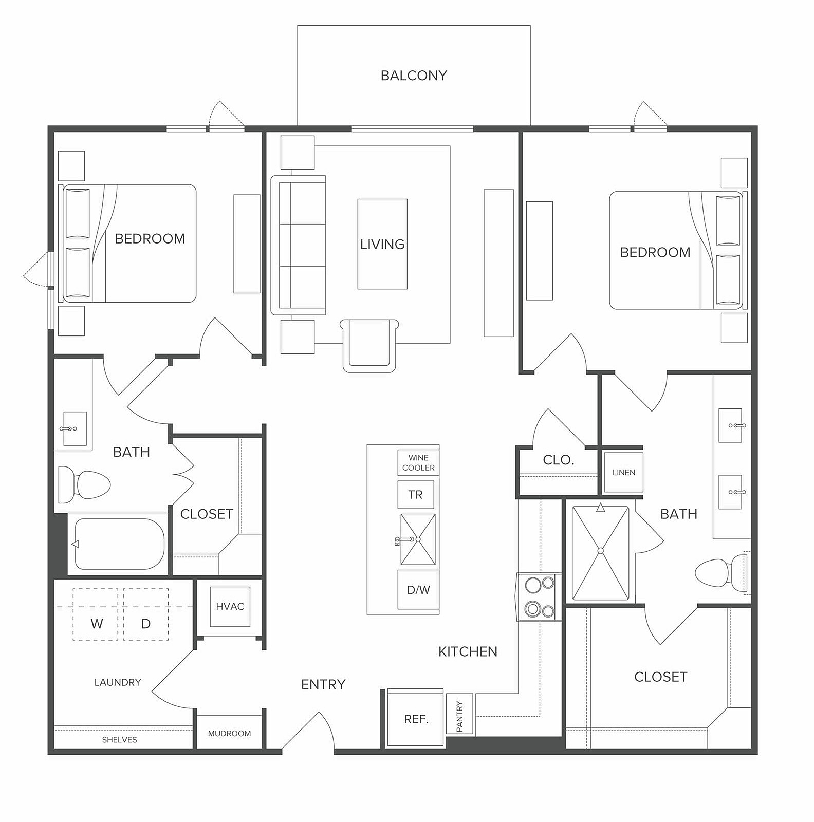 Modern 2D floor plan showcasing 2 bedrooms, open living area, and a spacious kitchen with island, featuring 2 bathrooms and a balcony.