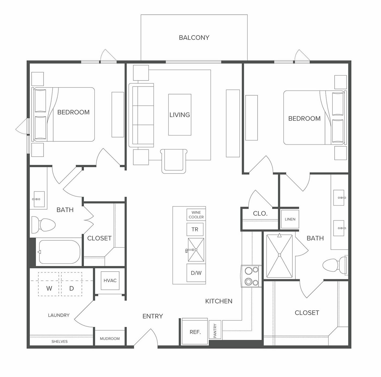 Elegant floor plan showcasing 2 bedrooms, modern kitchen with island, spacious living room, and a private balcony.