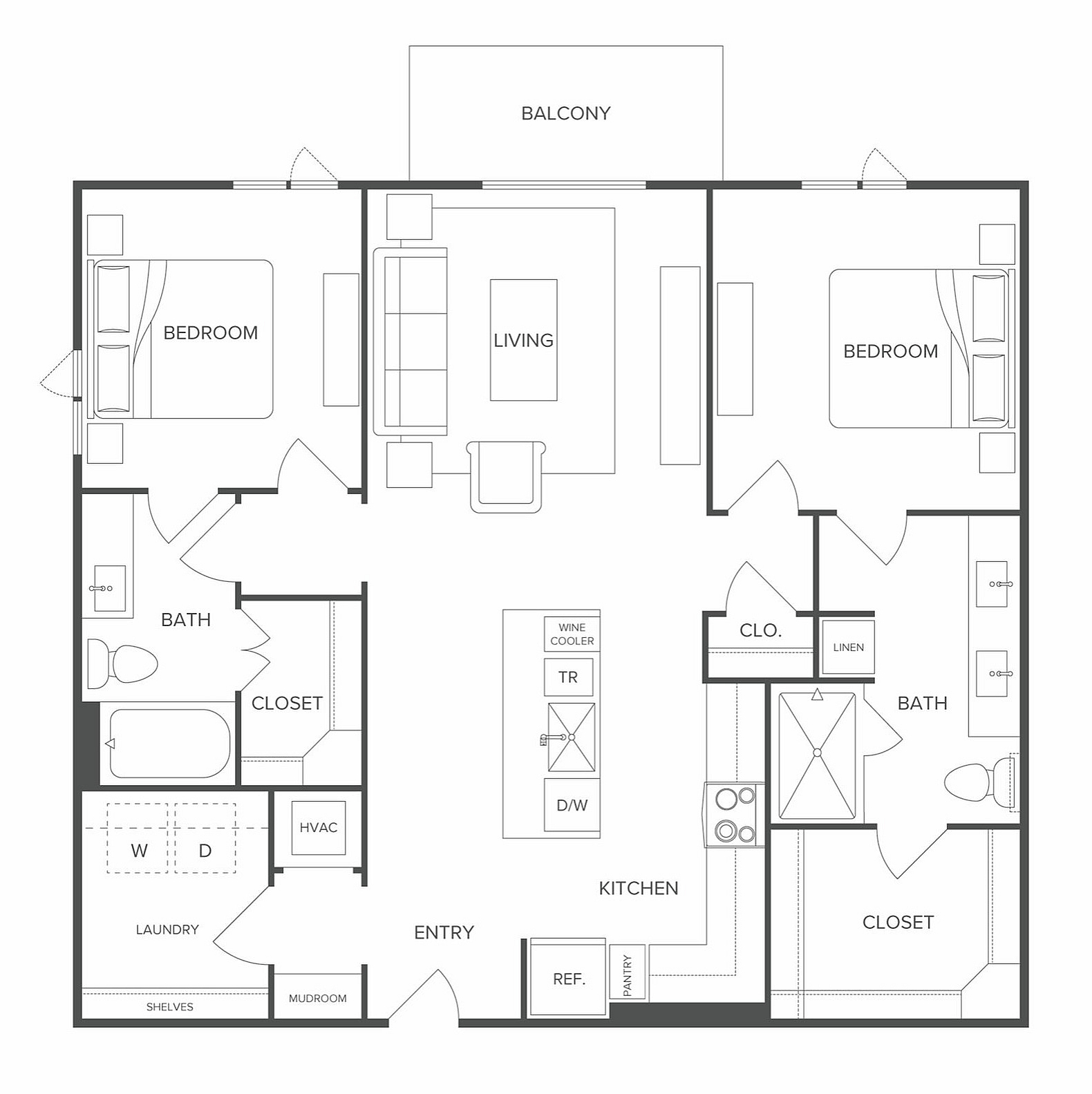 Modern floor plan showcasing 2 bedrooms, 2 baths, spacious living area, open kitchen, and balcony.