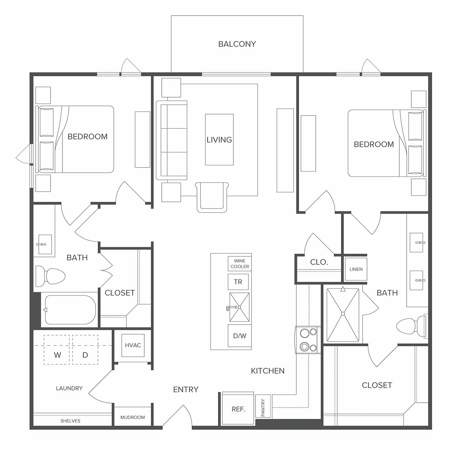 Contemporary floor plan featuring 2 bedrooms, an inviting living area, sleek kitchen, and spacious balcony. Includes 2 bathrooms and ample storage.