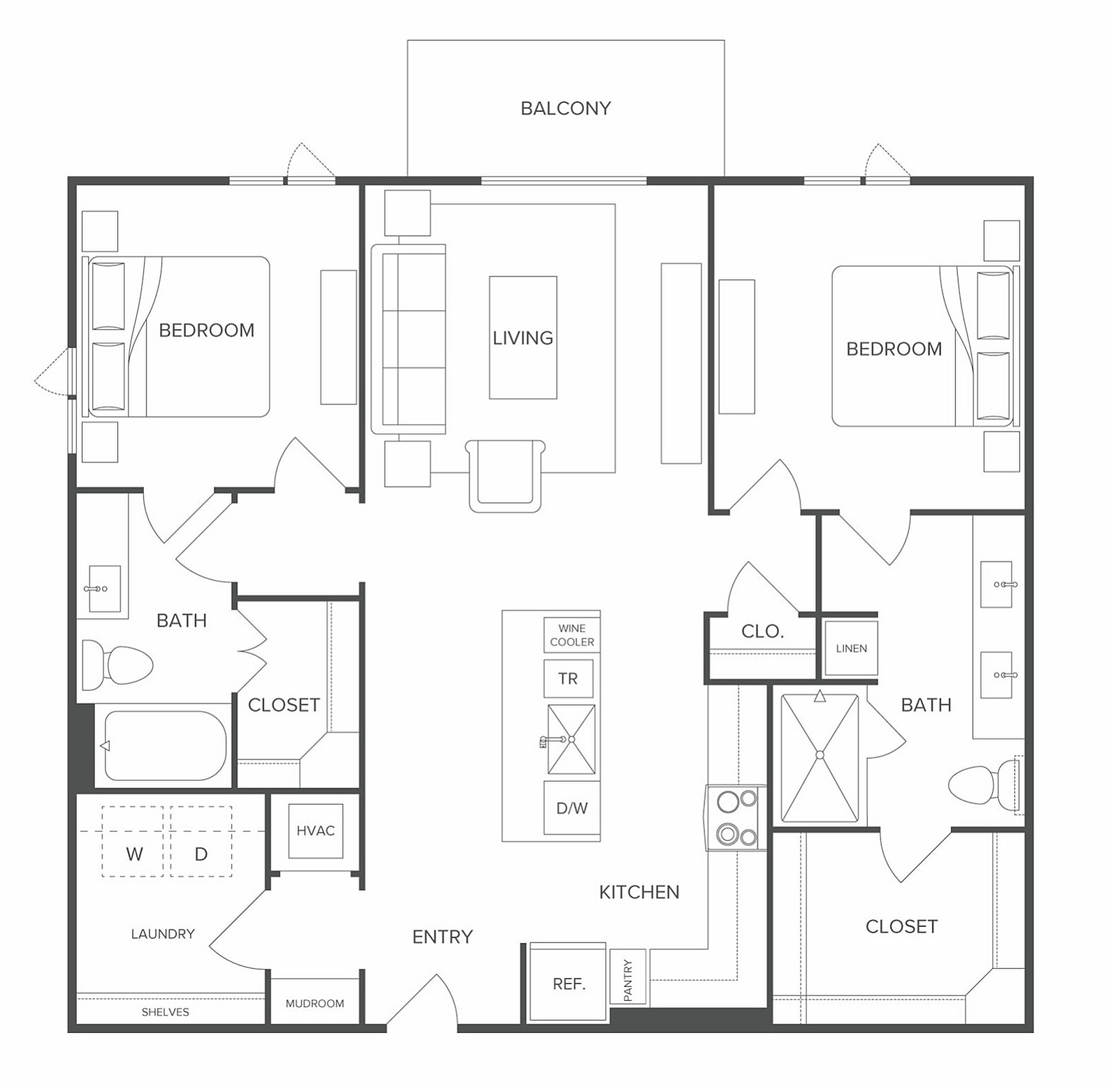 Modern floor plan showcasing 2 spacious bedrooms, open living area, and sleek kitchen with island and wine cooler, featuring a balcony and two full bathrooms.