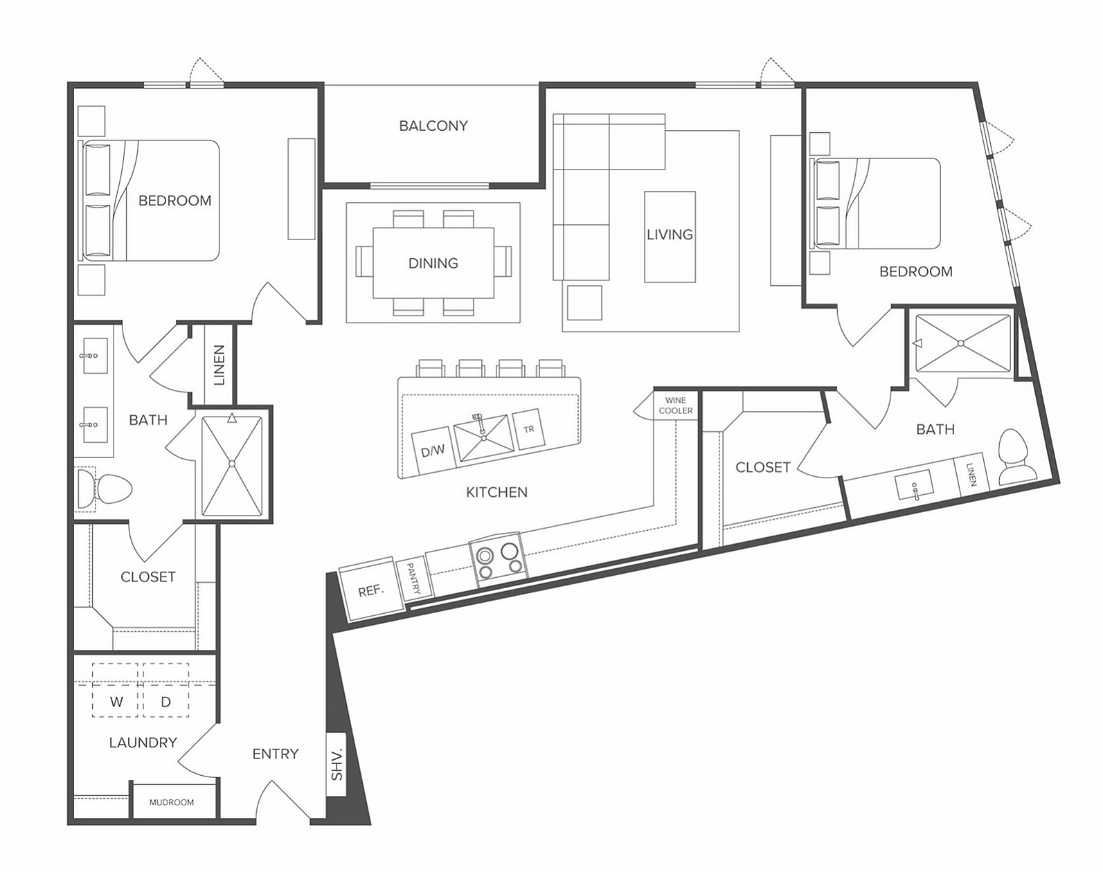 Modern floor plan showcasing 2 bedrooms, spacious open-concept living and dining area, gourmet kitchen, and dual bathrooms. Includes a balcony for added elegance.
