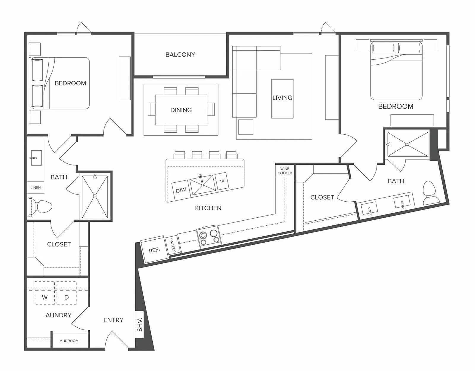 Modern floor plan featuring 2 bedrooms, a spacious living area, an open kitchen with island, and a private balcony.