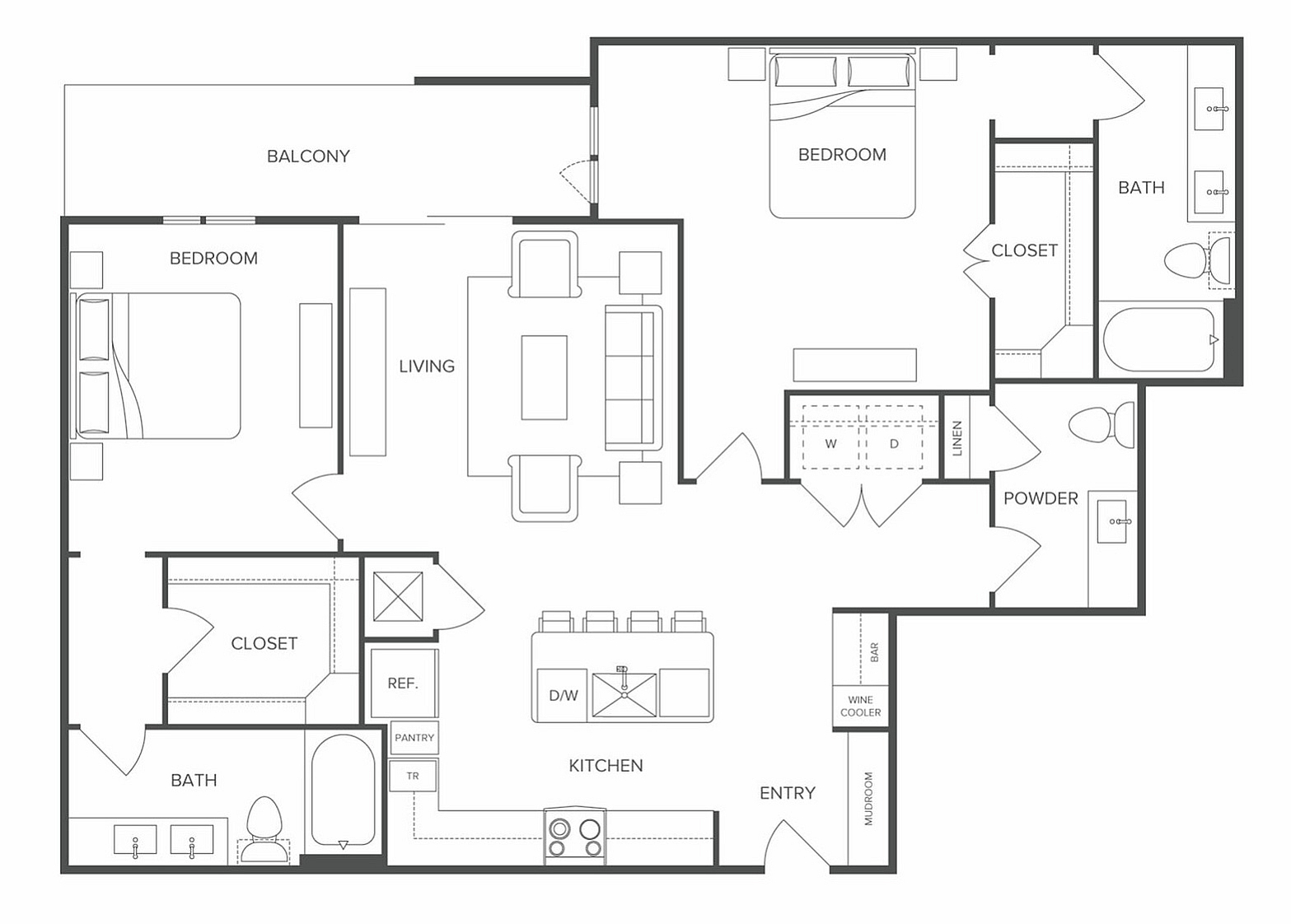 Modern apartment floor plan showcasing 2 bedrooms, open living area, and sleek kitchen with balcony access.