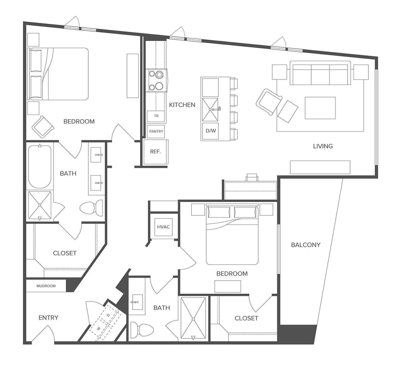 Elegant floor plan featuring 2 cozy bedrooms, spacious open-concept living area, modern kitchen, 2 luxurious baths, balcony, and ample closets.