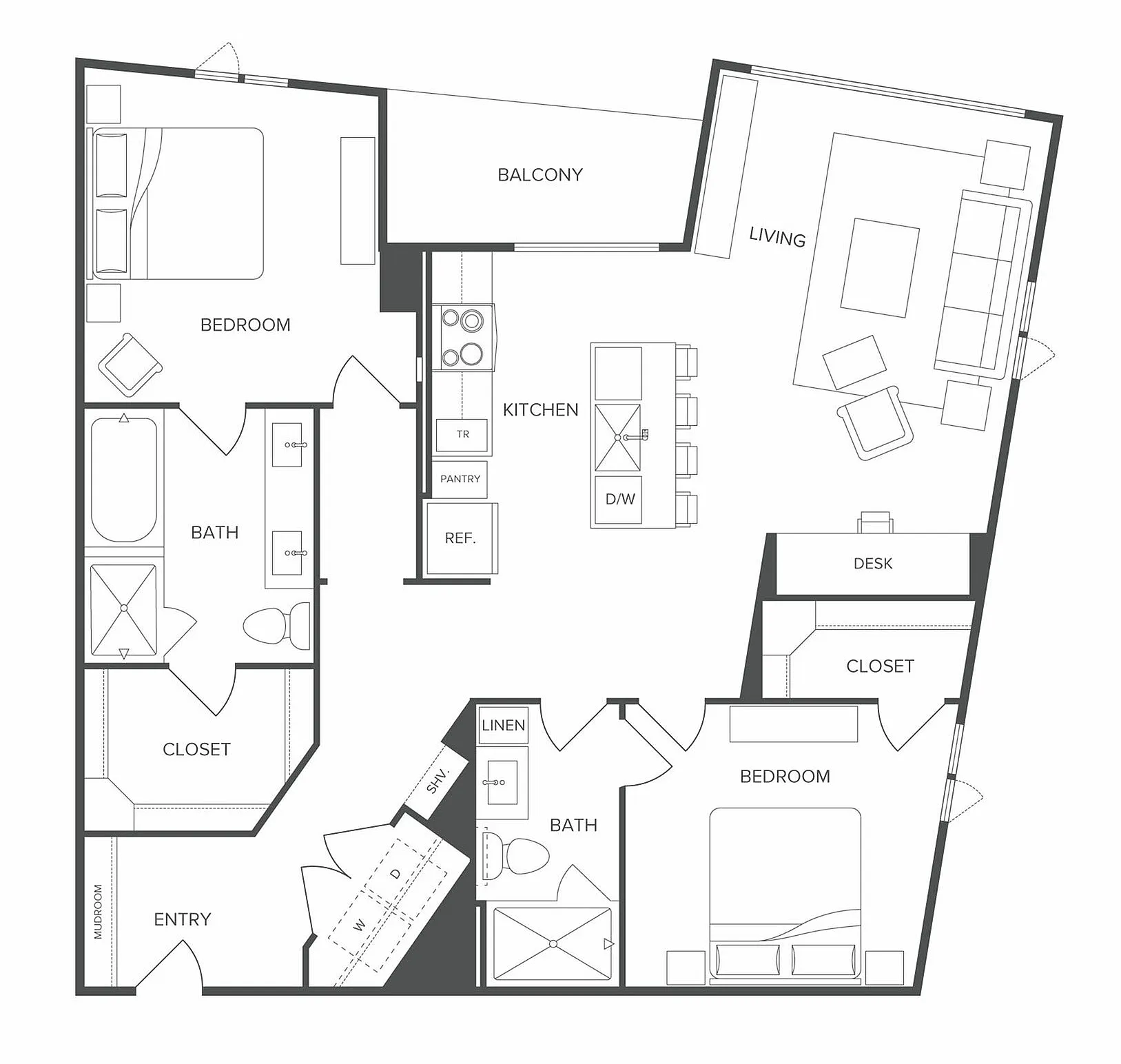Modern 2-bedroom floor plan featuring an open-concept kitchen, spacious living area, and cozy balcony.