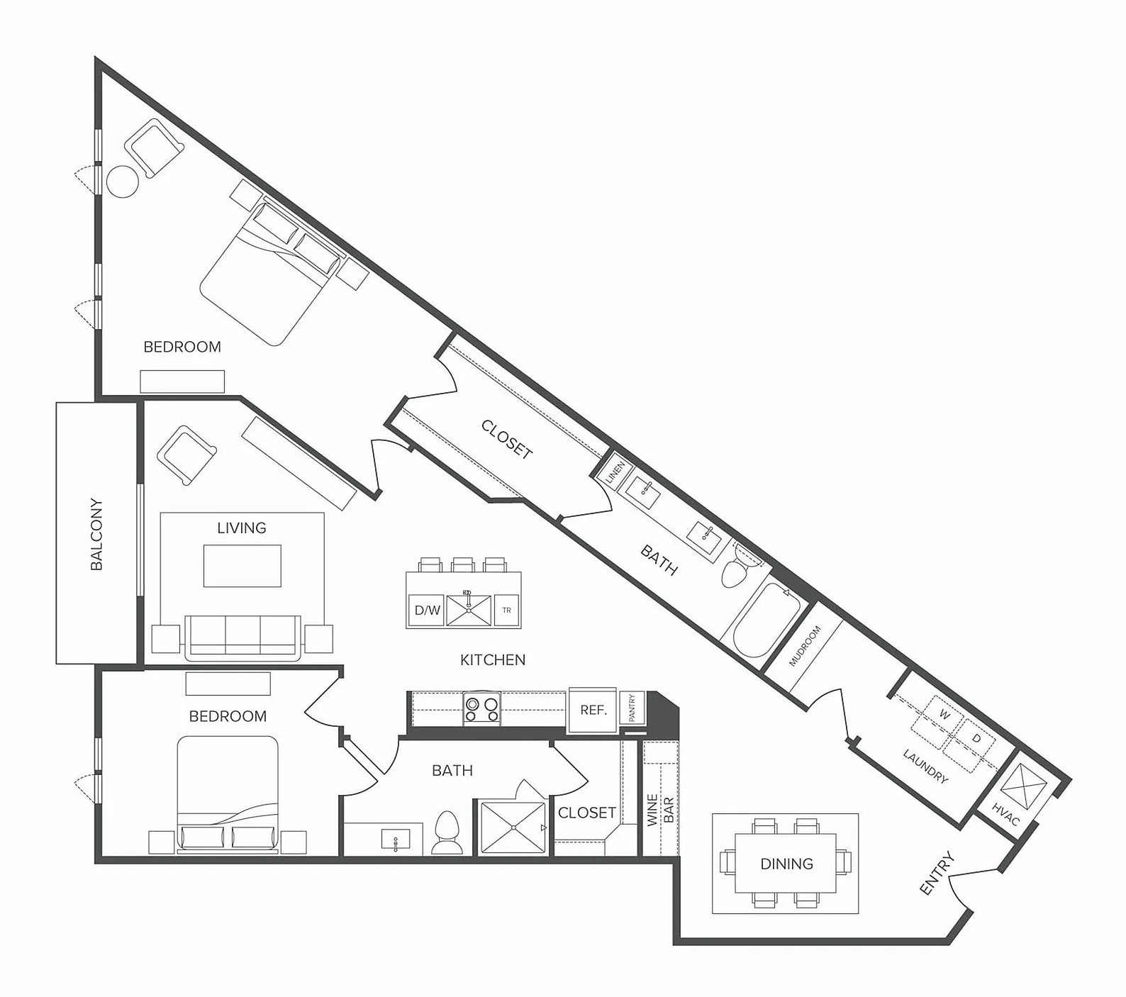 Modern floor plan showcasing two spacious bedrooms, a bright living room with balcony access, sleek kitchen, and two elegant bathrooms.