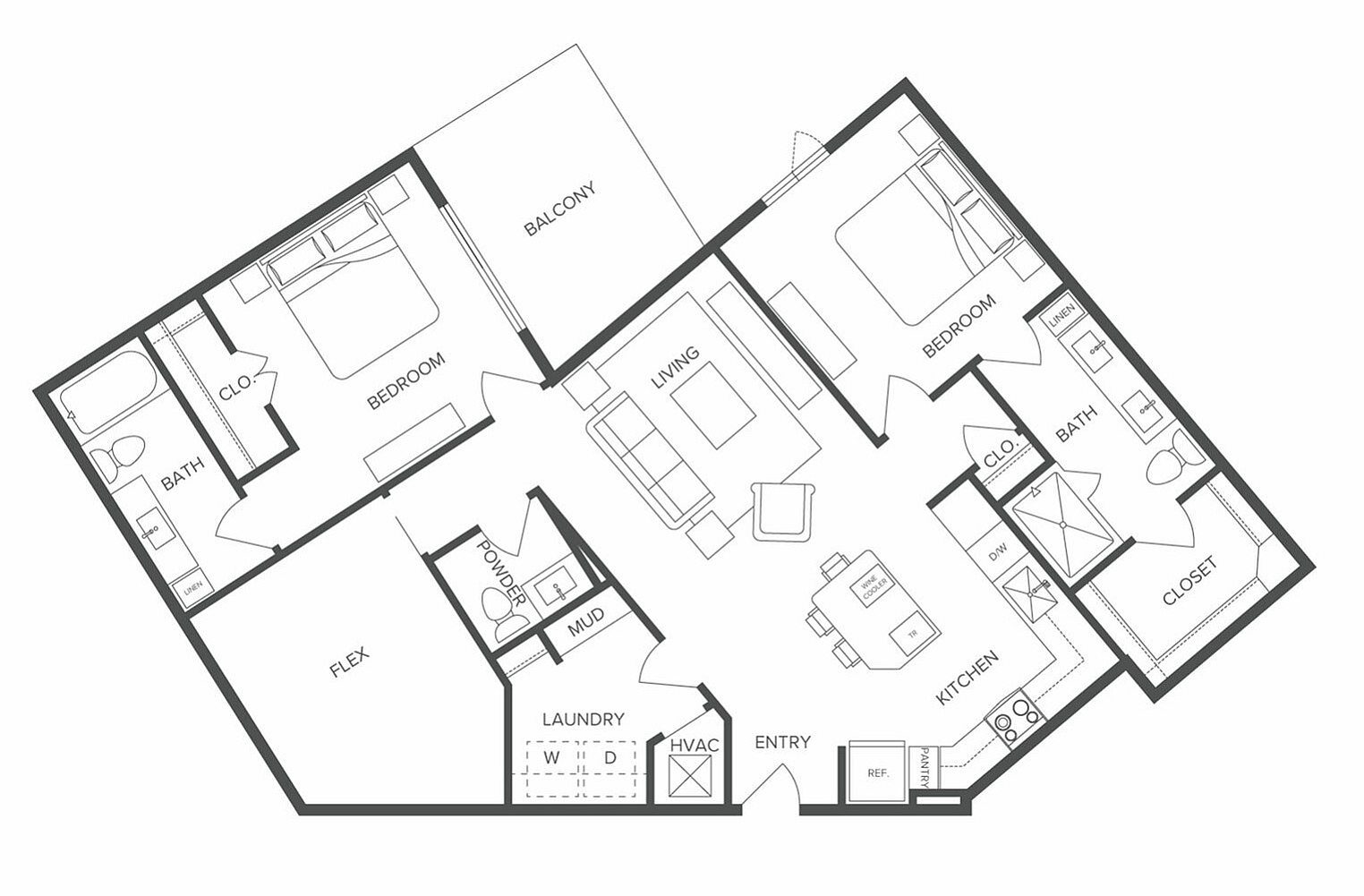 Contemporary 2D floor plan showcasing 2 bedrooms, 2 bathrooms, an open living and dining area, a modern kitchen, and a cozy balcony.