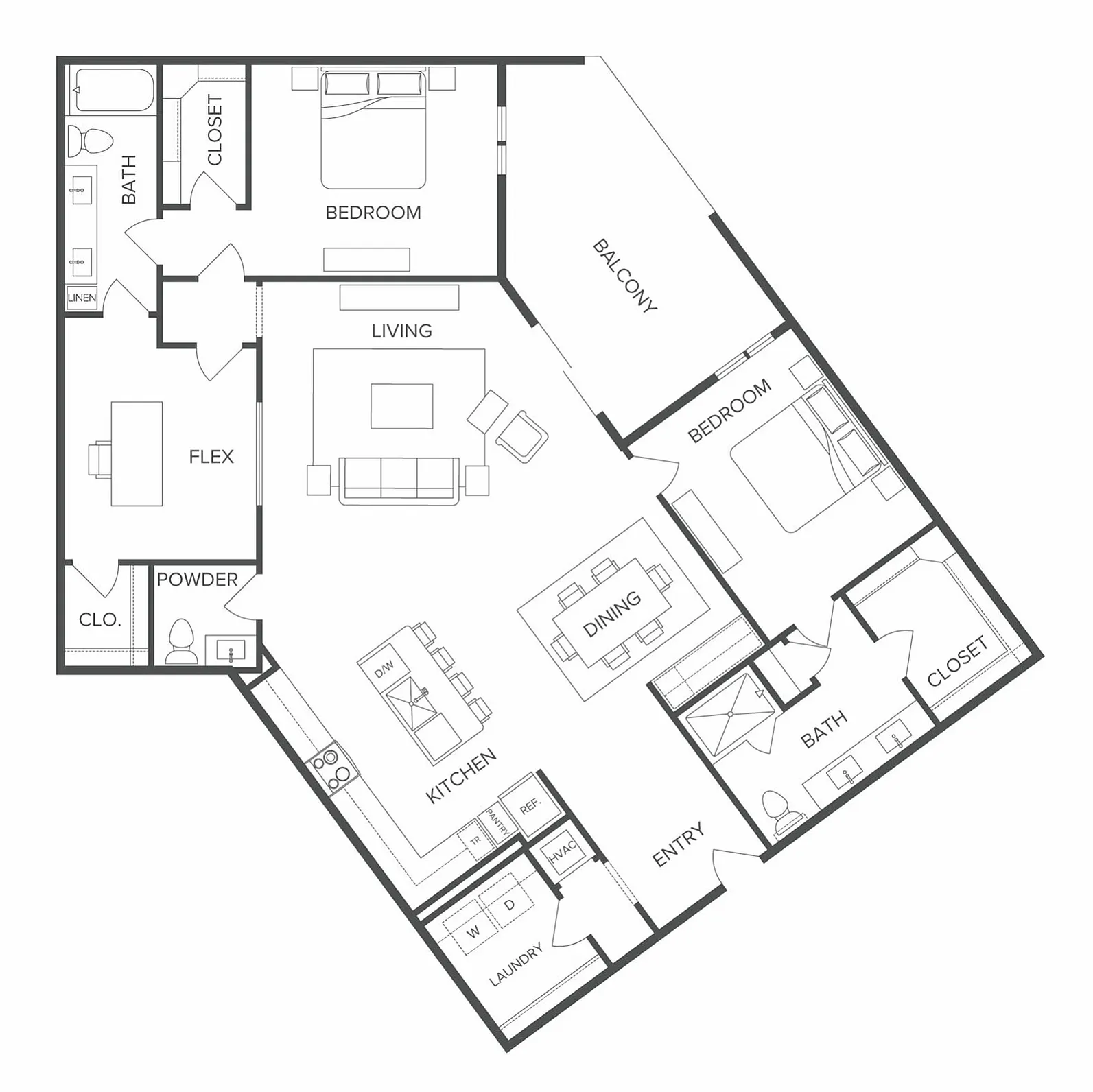 Modern floor plan showcasing 2 bedrooms, a spacious living room, and an elegant kitchen with dining area, featuring a balcony and additional flex space.