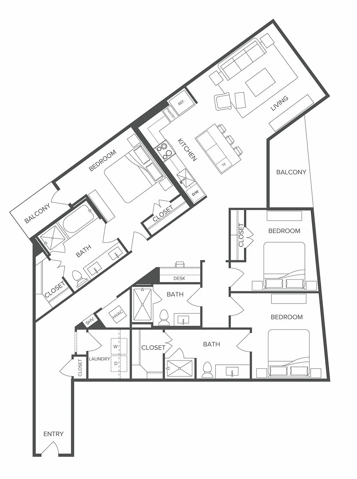 Modern floor plan showcasing 3 bedrooms, 2 bathrooms, a spacious living area, and dual balconies for a luxurious lifestyle.