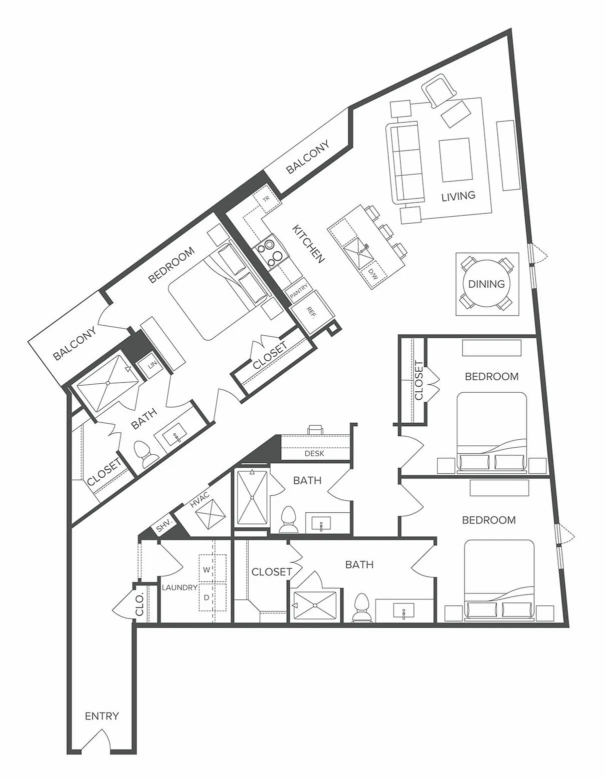 Modern angular floor plan showcasing 3 bedrooms, spacious living and dining area, two balconies, and a well-equipped kitchen.