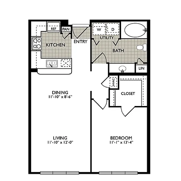 Modern 1-bedroom apartment floor plan featuring a spacious living and dining area, sleek kitchen, and a full bathroom with utility space.