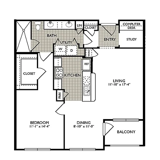 Modern apartment floor plan featuring 1 bedroom, study, open living and dining area with a balcony, kitchen, and utility space.