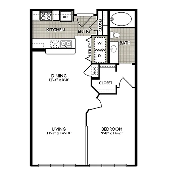 Inviting 2D floor plan featuring 1 bedroom, spacious living and dining areas, modern kitchen, and bathroom. Ideal for comfortable living.