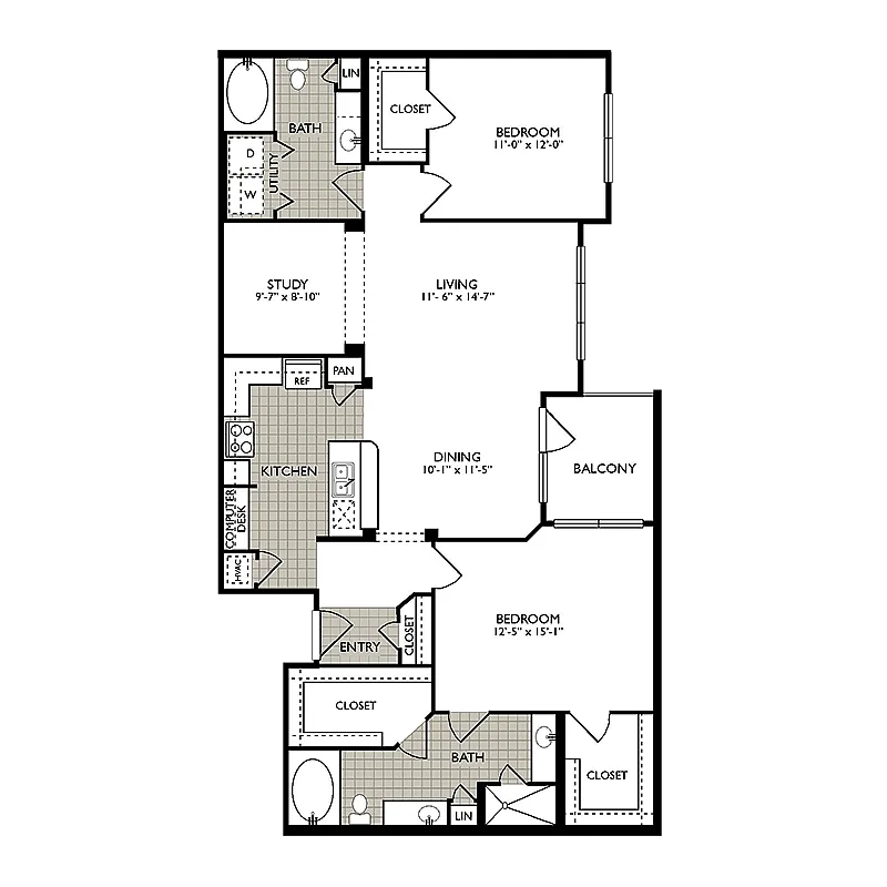 Contemporary floor plan showcasing 2 bedrooms, a spacious living area, dining room, modern kitchen, and two elegant bathrooms, complete with a private balcony and study.
