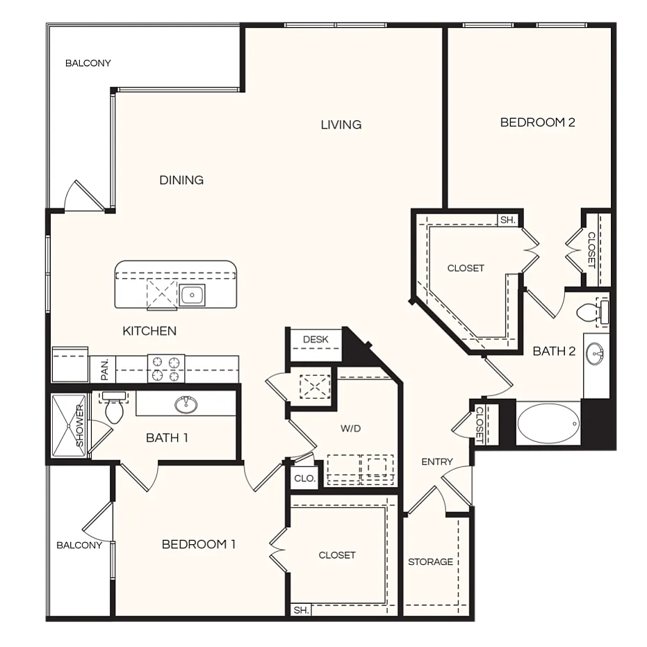 Modern floor plan showcasing 2 bedrooms, open living and dining area, kitchen with island, and dual balconies.
