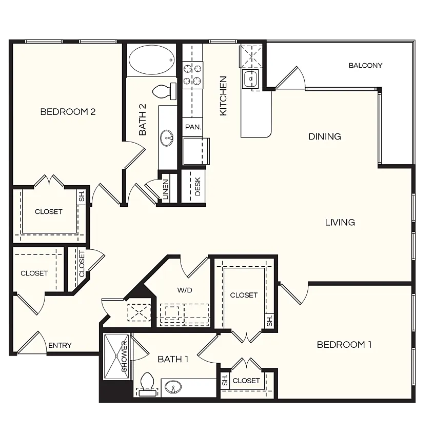 Modern apartment floor plan showcasing 2 bedrooms, open-concept living and dining area, spacious kitchen, and a private balcony.