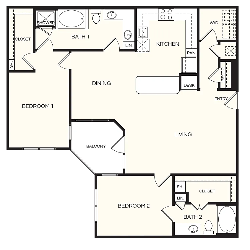 Modern 2-bedroom apartment floor plan featuring a spacious living area, open kitchen, two bathrooms, and a cozy balcony.
