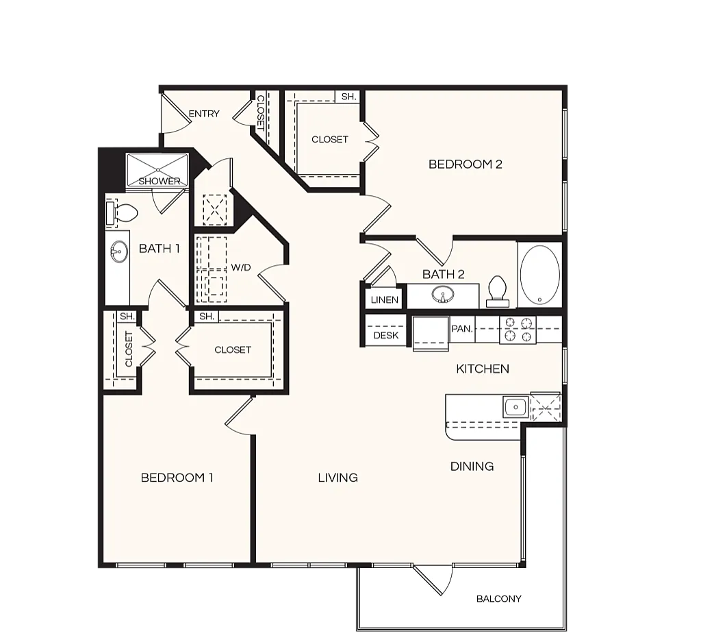 Modern floor plan showcasing 2 bedrooms, 2 bathrooms, spacious living area, and kitchen with dining space, complete with a balcony.