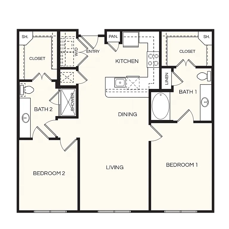 Modern 2D floor plan featuring 2 spacious bedrooms, sleek kitchen, and elegant living area, with 2 well-appointed bathrooms for convenient living.