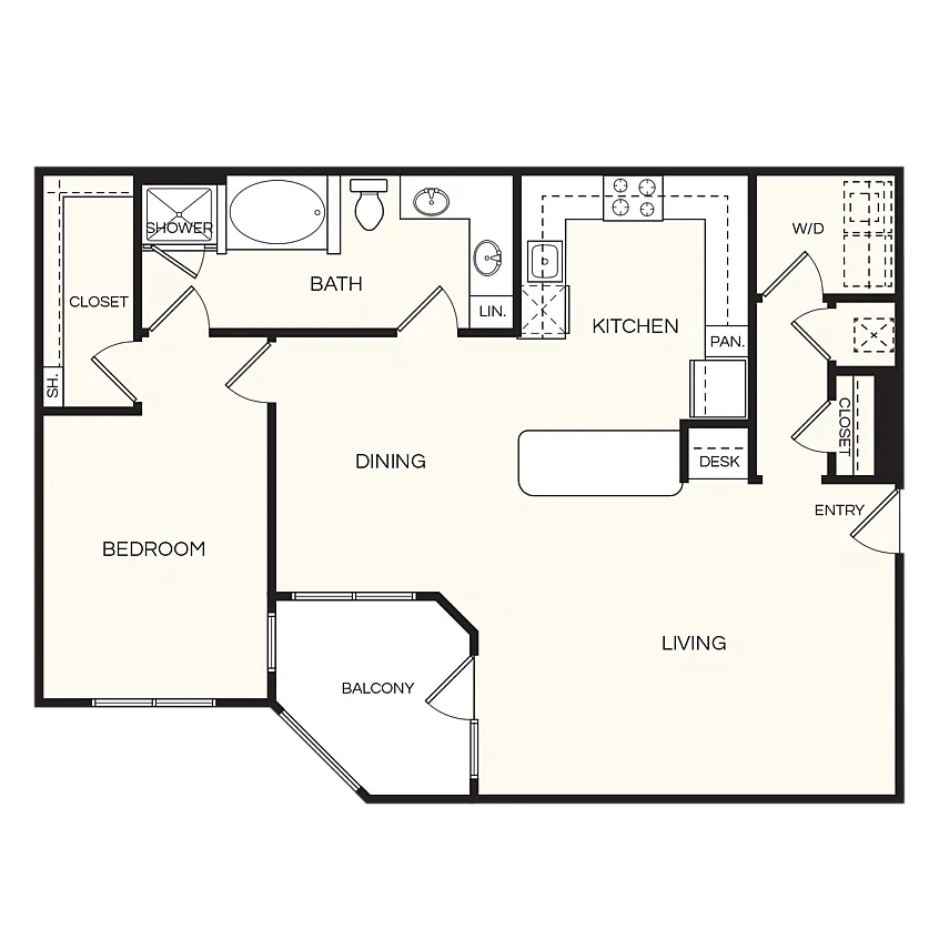 Modern floor plan featuring a spacious 1-bedroom layout with open kitchen, dining area, and bright living room leading to a balcony.