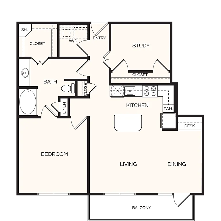 Modern apartment floor plan featuring one bedroom, a study, spacious kitchen, open living and dining areas, and a balcony. Ideal layout with convenient closets and bathroom design.