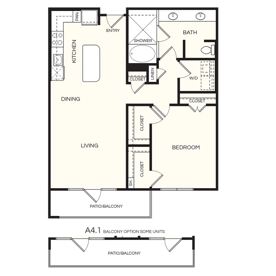 Elegant floor plan showcasing a spacious one-bedroom apartment with open living and dining areas, modern kitchen, and a luxurious bath. Includes a private patio/balcony for outdoor relaxation.