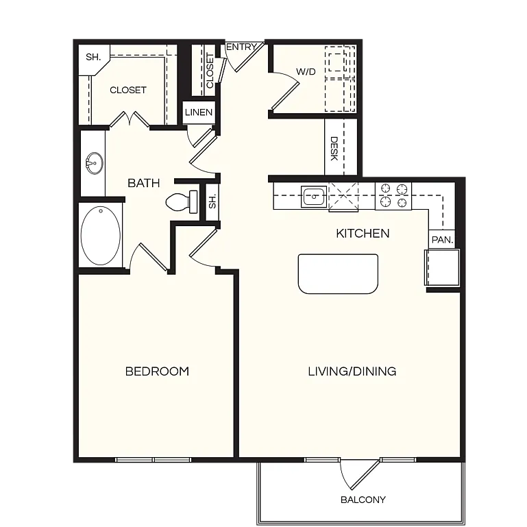 Modern 1-bedroom apartment floor plan featuring a spacious living and dining area, sleek kitchen with pantry, and private balcony.