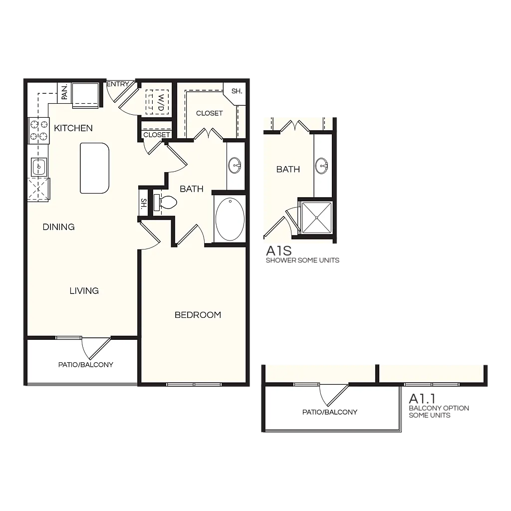 Inviting 1-bedroom floor plan with open kitchen, dining, and living area, featuring dual bath options and a cozy patio.