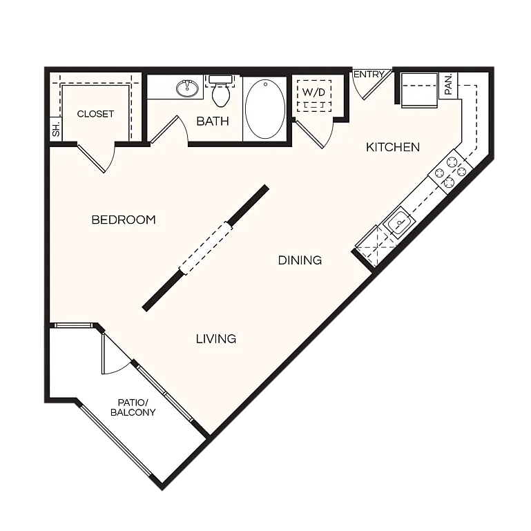 Contemporary 1-bedroom floor plan featuring an open-concept living and dining area, modern kitchen, and private patio.