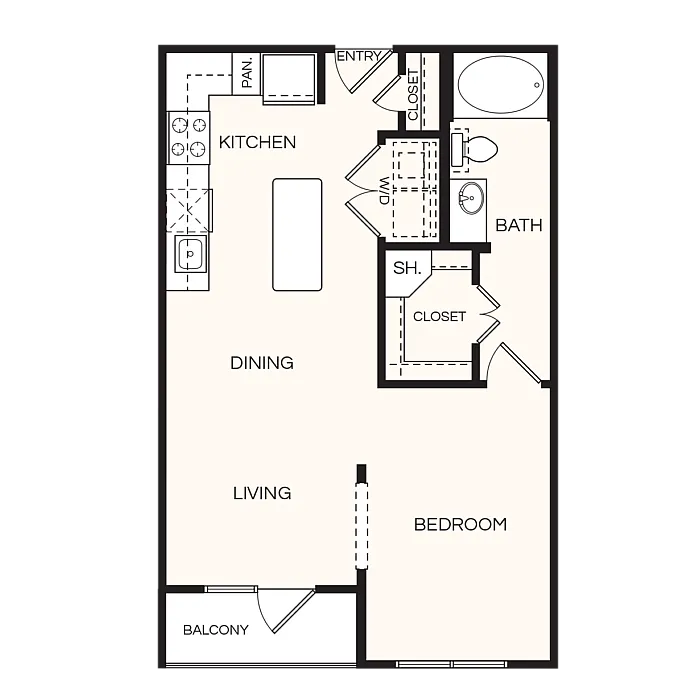 Inviting floor plan showcasing one-bedroom layout with spacious living and dining area, modern kitchen, and cozy balcony.