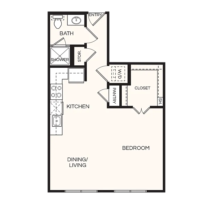 Modern floor plan with one-bedroom, featuring a spacious dining and living area, cozy kitchen, and efficient bathroom layout.