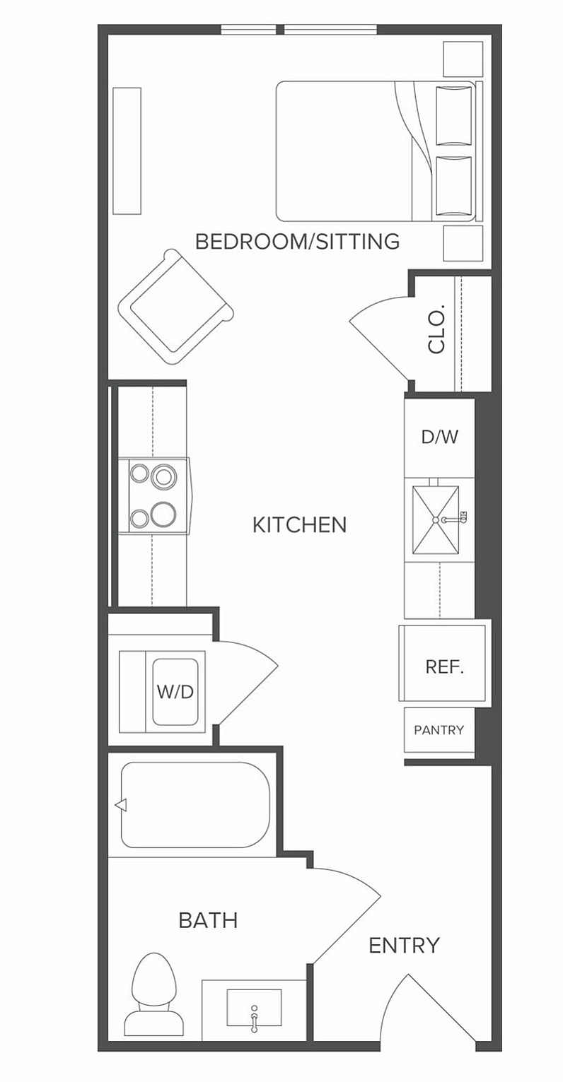 Efficient studio floor plan showcasing a versatile bedroom/sitting area, compact kitchen, and bath, ideal for modern living.