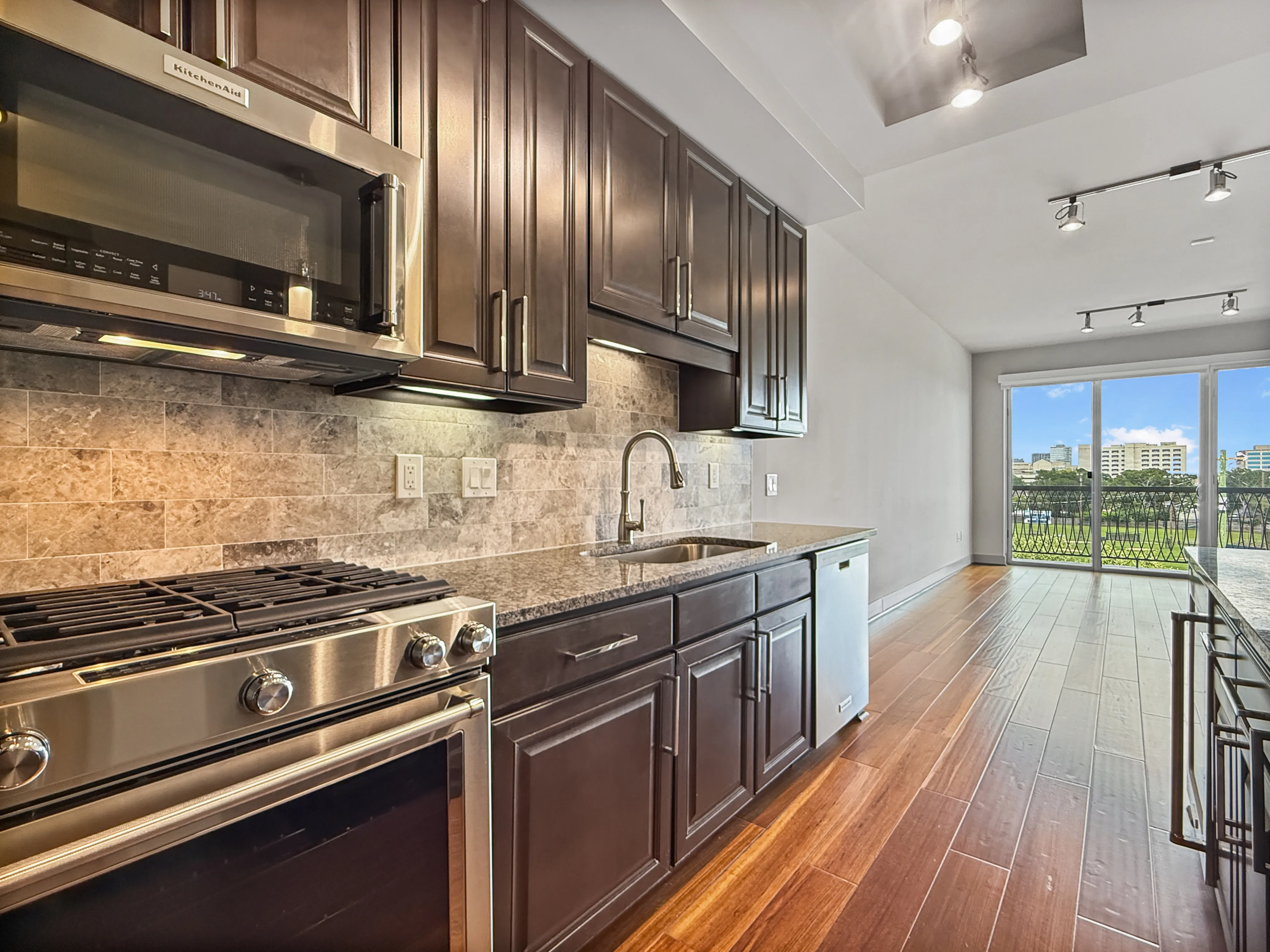 Modern kitchen with stainless steel appliances, dark wood cabinets, and a spacious open layout leading to a bright living area with floor-to-ceiling windows and scenic views.