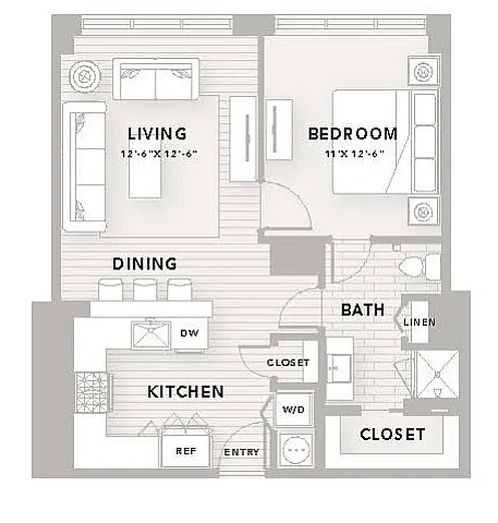 Chic floor plan for a 1-bedroom, 1-bath apartment featuring a spacious living area, modern kitchen, and ample closet space in The Star building, Houston.