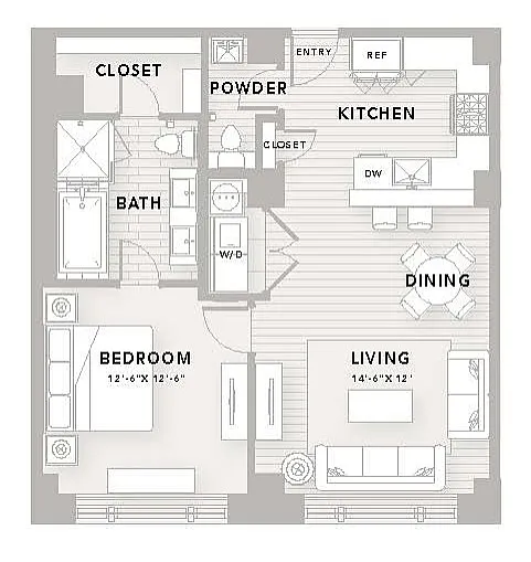 Modern floor plan A12 featuring 1 bedroom, 1.5 baths, spacious living and dining areas, and a well-equipped kitchen within 875 sq ft.