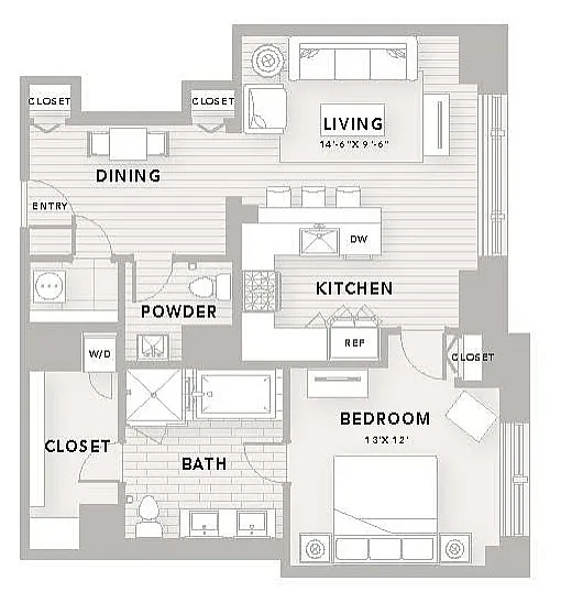 Elegant floor plan A13 with one bedroom, 1.5 baths, and a spacious 970 sq ft layout. Features include an open living area, modern kitchen, and ample storage spaces for contemporary living.