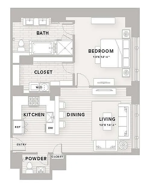 Modern A14 floor plan showcasing 1 bedroom, 1.5 baths, and an open kitchen-dining-living area in a compact 990 sq ft space.