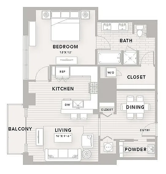 Modern floor plan A15 featuring 1 bedroom, 1.5 baths, spacious living area, elegant kitchen, and private balcony, covering 1,000 sq ft.