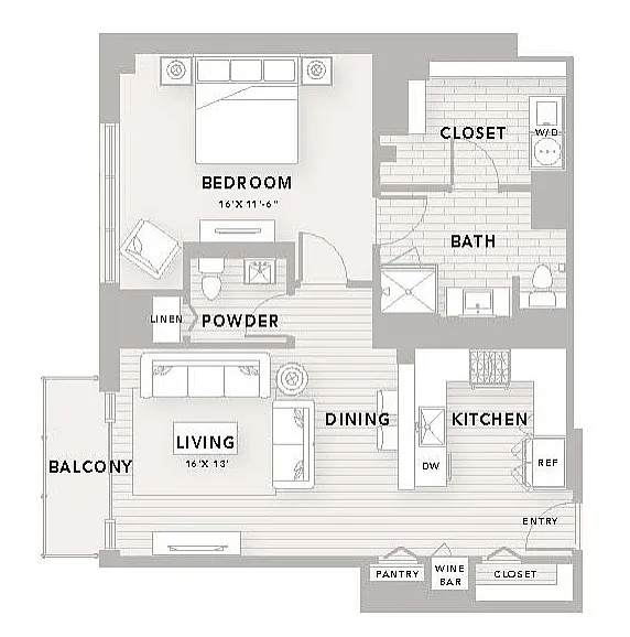 Modern A16 floor plan featuring 1 bedroom, 1.5 baths, spacious living and dining area, kitchen, and a balcony, covering 1,000 sq ft at The Star Houston.