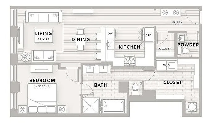 Modern floor plan for apartment A17 featuring 1 bedroom, 1.5 baths, and a stylish open-concept living and dining area. Spacious kitchen with ample storage, ideal for culinary enthusiasts.