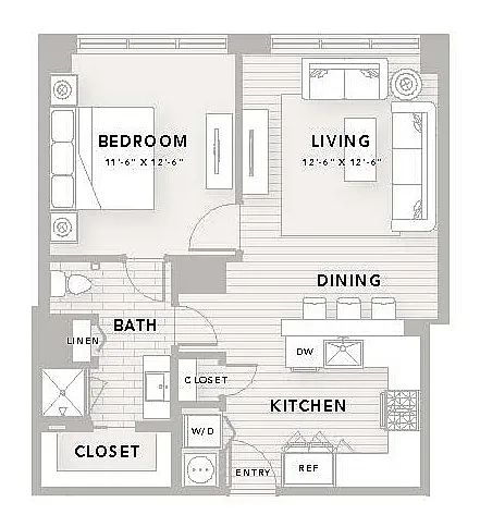 Modern 1-bedroom apartment floor plan at The Star Houston, featuring spacious living room, dining area, elegant kitchen, and a well-designed bathroom, covering 740 sq ft.