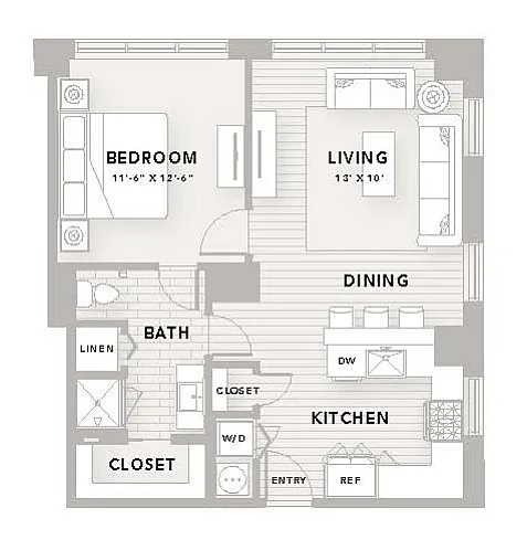Elegant A3 floor plan showcasing 1 bedroom, 1 bath, spacious living and dining area, and modern kitchen, 740 sq ft.