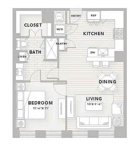 Modern A4 floor plan featuring 1 bedroom and 1 bathroom, with a spacious kitchen, dining area, and living room, covering 790 sq ft at The Star Houston.
