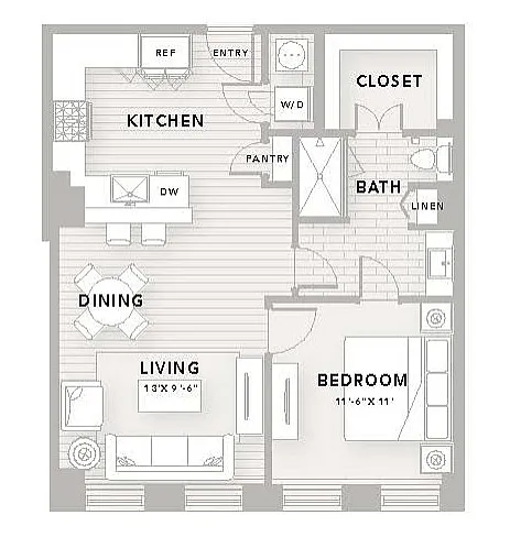 Modern A5 floor plan featuring 1 bedroom and 1 bath, with an open kitchen, dining, and living area. Efficient 790 sq ft layout ideal for comfortable urban living.