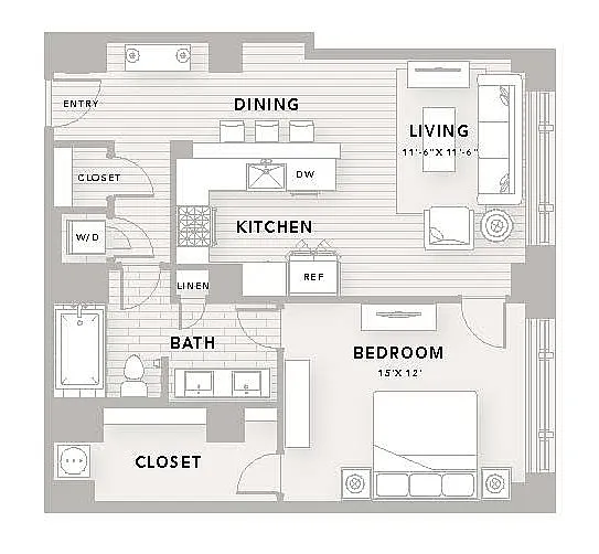 Modern floor plan A7 featuring 1 spacious bedroom and bath, open-concept living, dining, and kitchen area, 925 sq ft. Located in The Star Houston with easy access and stylish urban living.