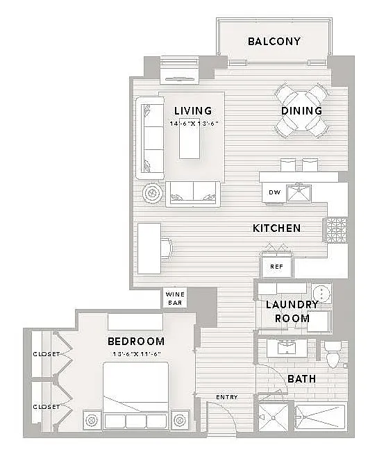 Modern apartment A8 floor plan featuring 1 bedroom, 1 bath, spacious living room, stylish kitchen, dining area, and a balcony, covering 990 sq ft.